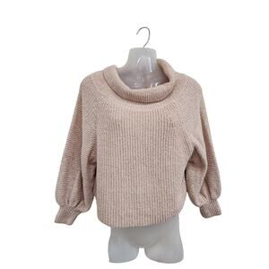 Free People Cowl Neck Long Sleeve Ribbed Knit Sweater Beige Pullover Size Small